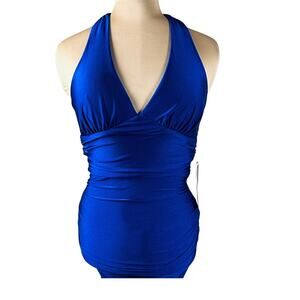 NWT Katia Rae Juniors XS Cobalt Blue Ruched Halter Bodycon Mini Dress Open Back